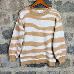 Adyson Parker Women's M Camel Cream Pink Stripe Fuzzy Knit Crewneck Sweater